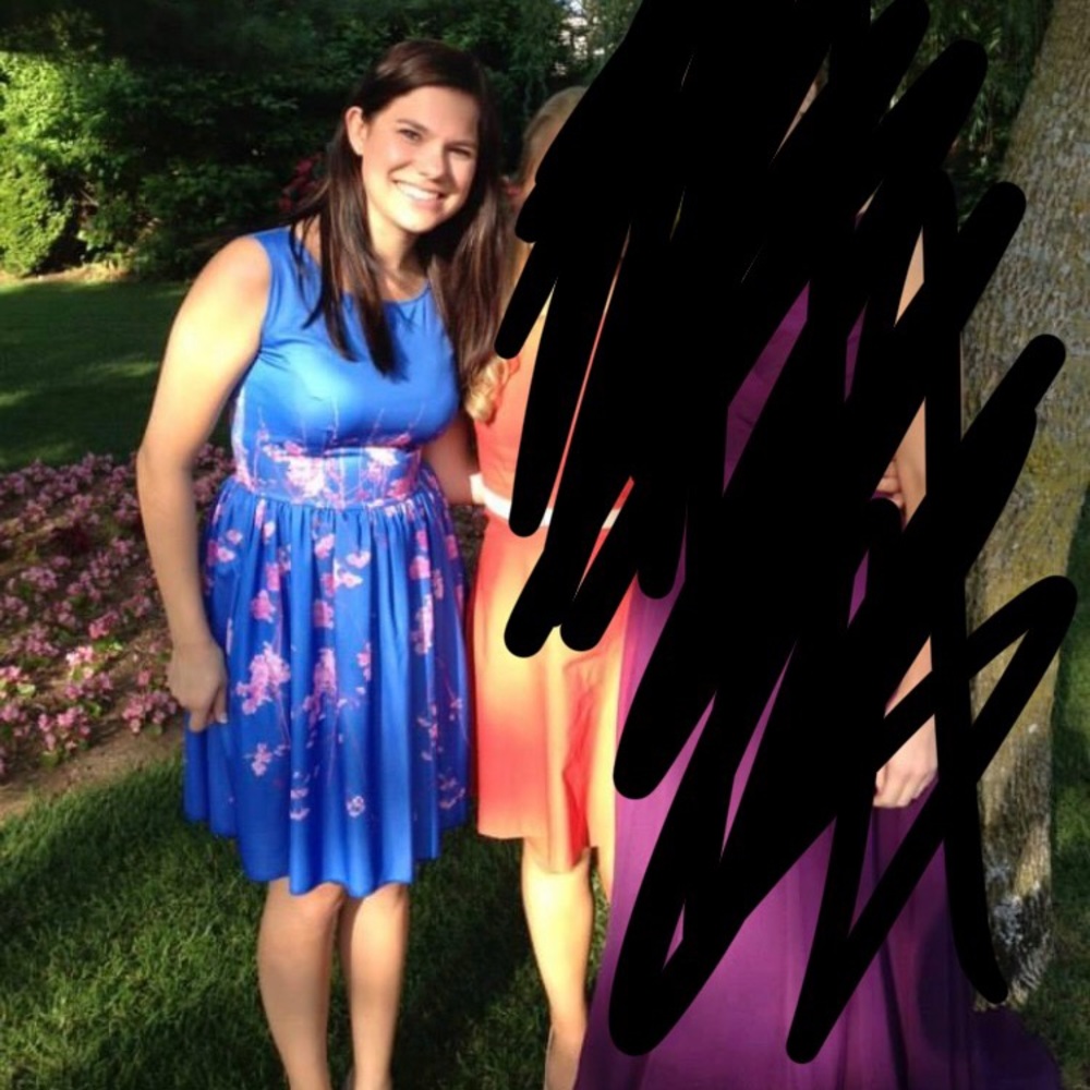 Blue dress with pink floral design. ONLY WORN ONCE